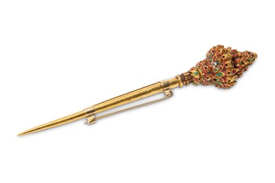 Lot 414 - A POLYCHROME ENAMELLED GOLD-PLATED HAIRPIN...