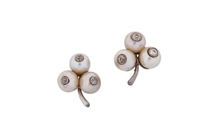 Lot 122 - A pair of cultured pearl and diamond cluster...