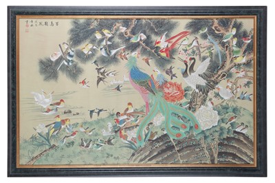 Lot 325 - A Chinese painting on silk depicting a flock...