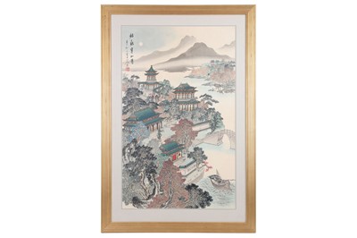 Lot 327 - A Chinese painting on silk landscape with...