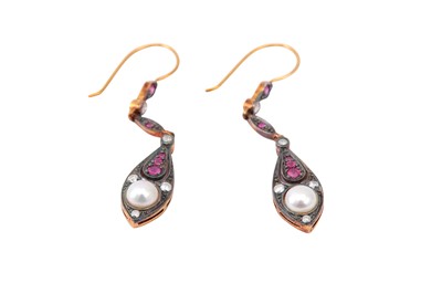 Lot 611 - A pair of cultured pearl, ruby and diamond...