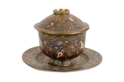 Lot 732 - A polychrome enamelled brass lidded bowl with...