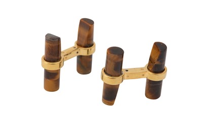 Lot 618 - A pair of tiger's eye cufflinks, mounted in...