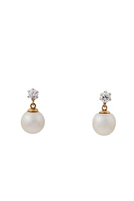 Lot 19 - A pair of cultured pearl and diamond earrings...