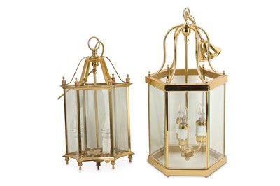 Lot 723 - Two brass lantern hanging lamps each of...