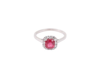 Lot 629 - A red spinel and diamond cluster ring, The...