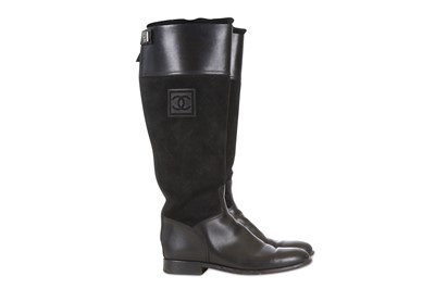 Lot 259 - Chanel Black Knee High Riding Boots, fur...
