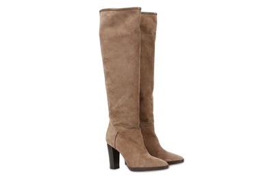 Lot 258 - Loro Piana Taupe Knee High Suede Boots, pull...