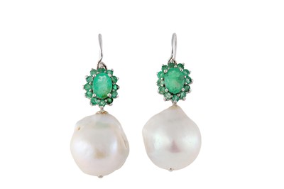 Lot 163 - A pair of emerald and cultured pearl earrings...