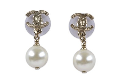 Lot 27 - Chanel Pearl Drop Earrings, silver tone CC...