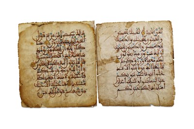 Lot 6 - THREE QUR'AN FOLIOS Andalusia or North Africa,...