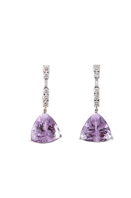 Lot 150 - A pair of kunzite and diamond pendent earrings...