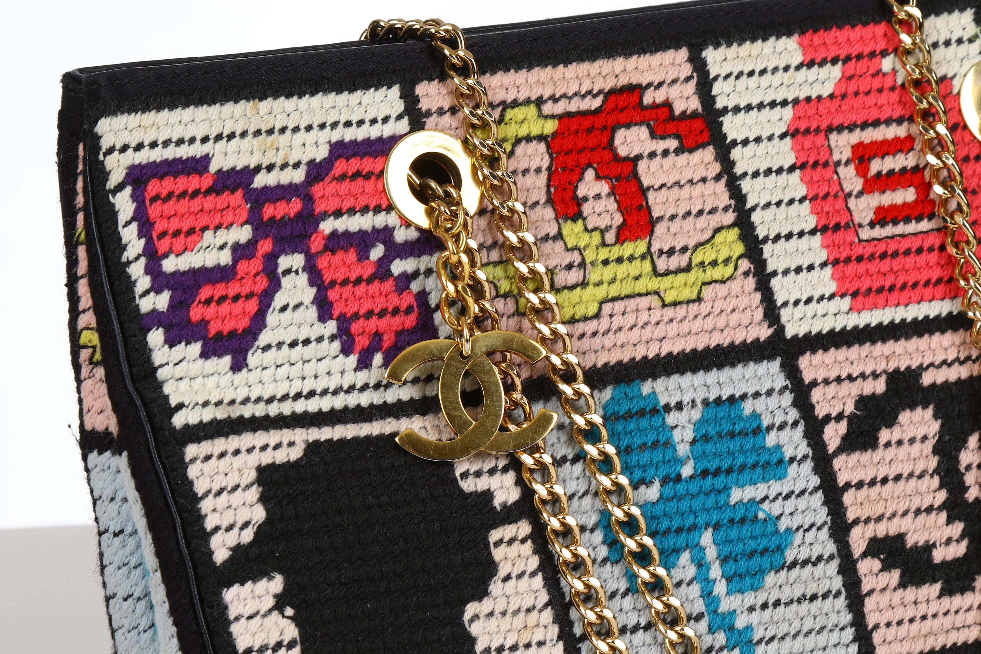 Vintage Chanel Precious Symbols Needle Point Tote Multicolor Wool