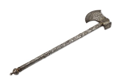 Lot 315 - A SIKH SILVER-FOILED SADDLE AXE (TABARZIN)...