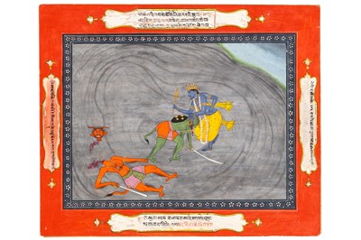 Lot 385 - LORD KRISHNA BEHEADING TWO DIVS Kangra, Pahari...