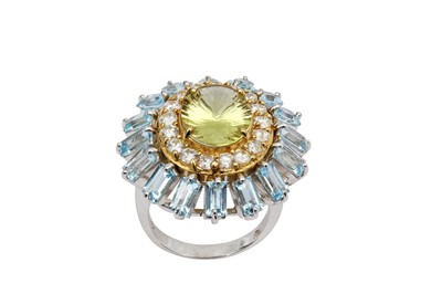 Lot 227 - A citrine, aquamarine and diamond dress ring...