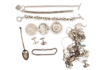 Lot 664 - A collection of silver jewellery and coins,...