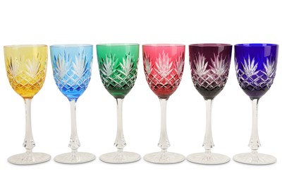 Lot 686 - A set of six Faberge coloured glass hock...