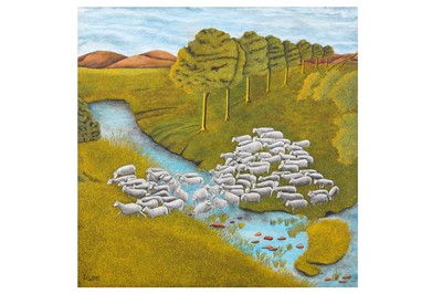 Lot 201 - JAMES LLOYD (1905–1974) Sheep crossing a river...