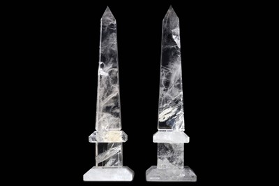 Lot 239 - A PAIR OF CARVED SOLID ROCK CRYSTAL OBELISKS...