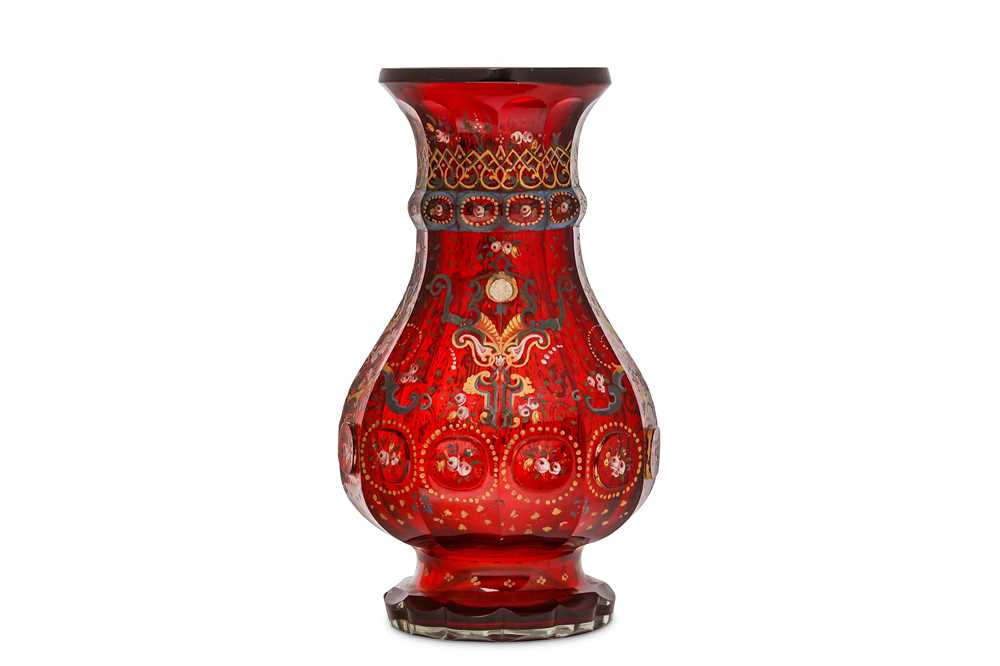 Lot 43 - A LARGE BOHEMIAN RUBY GLASS VASE MADE FOR THE...