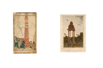 Lot 308 - A TINTED DRAWING OF THE QUTB MINAR AND A...