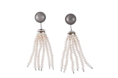 Lot 101 - A pair of cultured pearl pendent earrings Each...