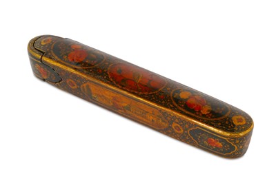 Lot 266 - * A QAJAR LACQUERED PAPIER-MÂCHÉ PEN CASE...