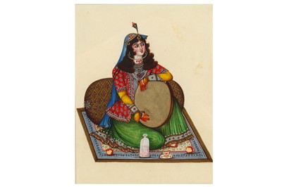 Lot 204 - *A SMALL WATERCOLOUR OF A QAJAR FEMALE DRUMMER...