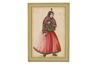 Lot 203 - *A QAJAR WATERCOLOUR OF A STANDING MAIDEN...