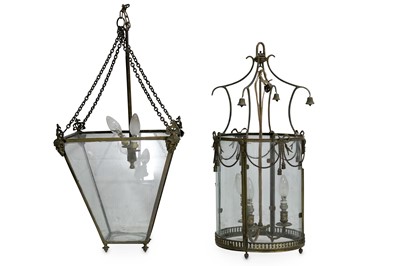 Lot 760 - Two gilt metal hanging lights, the first of...