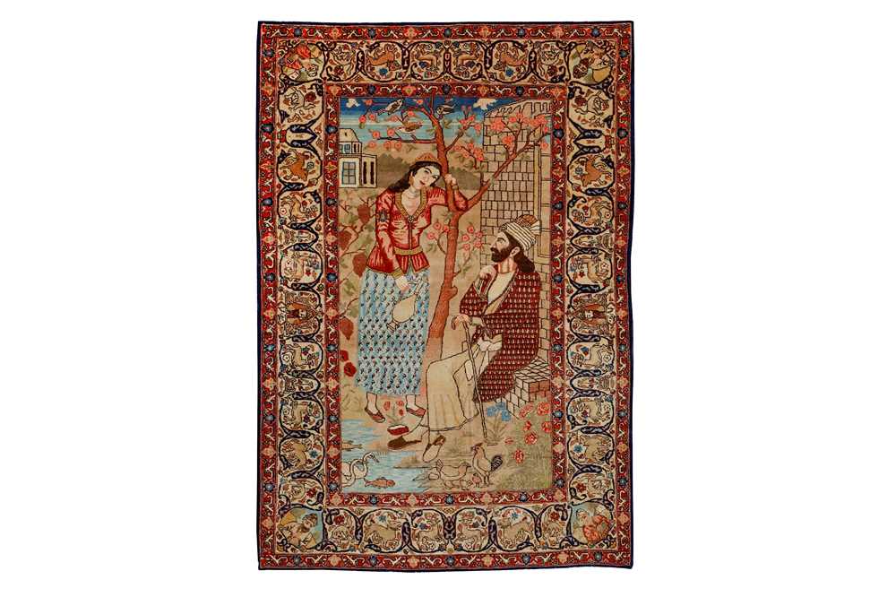 Lot 112 - AN UNUSUAL ANTIQUE TABRIZ PICTORAL RUG, NORTH...
