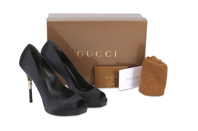 Lot 33 - Gucci Black Peep Toe Pumps, black satin with...