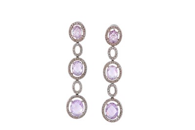 Lot 213 - A pair of kunzite and diamond pendent earrings,...