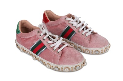 Lot 123 - Gucci GG Web Pink Velvet Trainers, diamante...