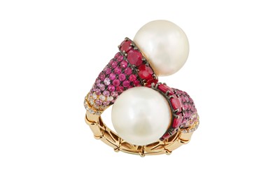 Lot 107 - A gem-set and cultured pearl crossover ring...