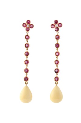 Lot 36 - A pair of enamel, garnet and diamond earrings...