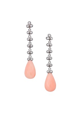 Lot 118 - A pair of coral and diamond pendent earrings...