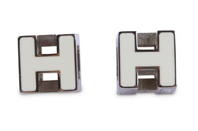 Lot 153 - Hermès 'Cage d'H' Stud Earrings, white enamel...