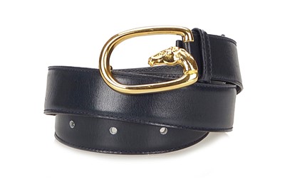 Lot 377 - Gucci Navy Belt, calf leather with gold tone...