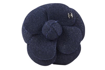Lot 376 - Chanel Blue Tweed Camellia Brooch, silver tone...