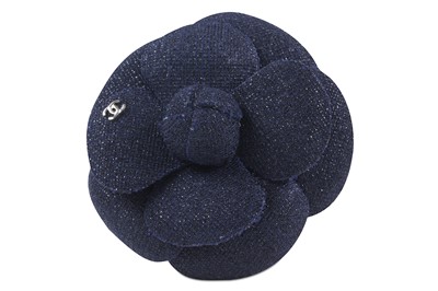Lot 376 - Chanel Blue Tweed Camellia Brooch, silver tone...