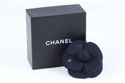 Lot 376 - Chanel Blue Tweed Camellia Brooch, silver tone...