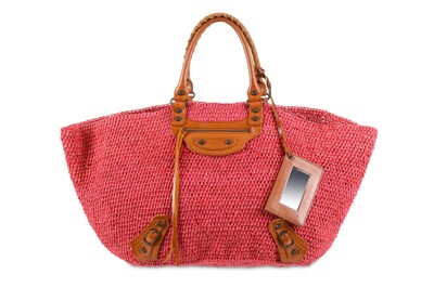 Lot 208 - Balenciaga Pink Raffia XL Tote, brown leather...