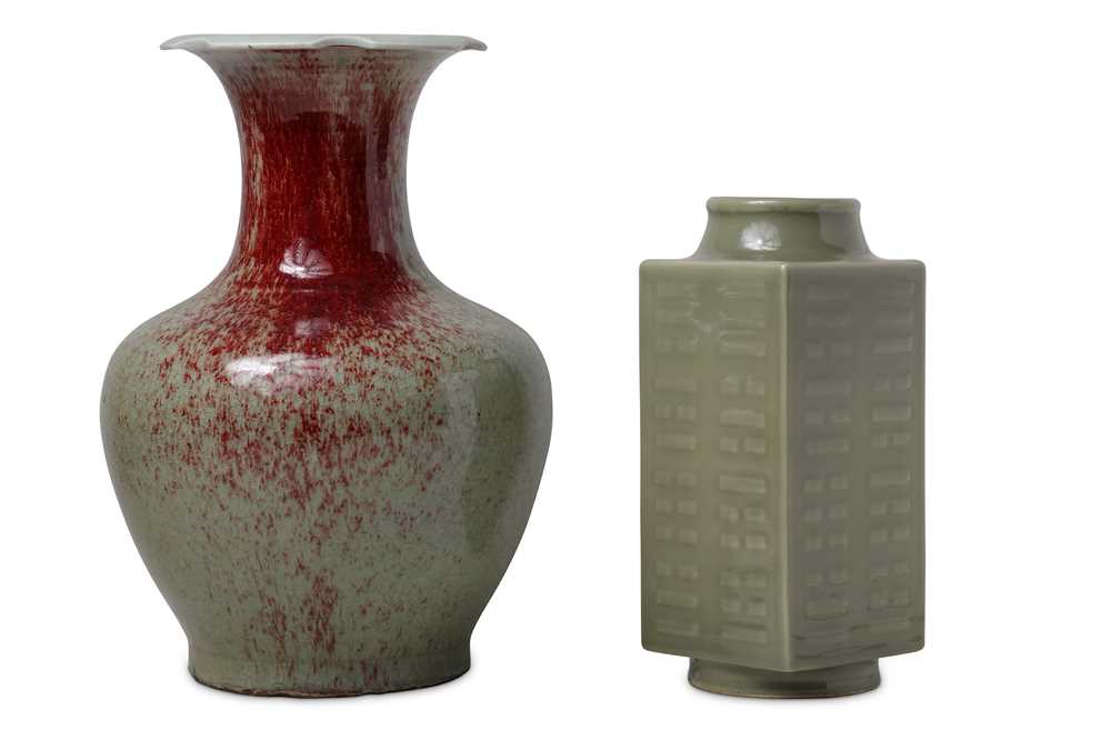 Lot 511 - A CHINESE FLAMBE VASE AND A CELADON VASE, CONG....