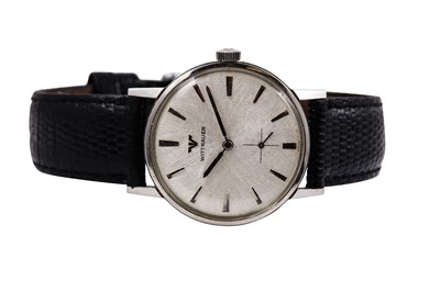 Lot 44 - WITTNAUER. A STAINLESS STEEL MANUAL WRISTWATCH...