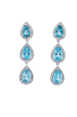 Lot 139 - A pair of aquamarine and diamond pendent...