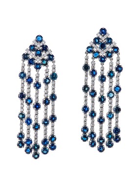 Lot 92 - A pair of sapphire and diamond tassel earrings...