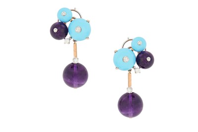 Lot 131 - A pair of amethyst, turquoise and diamond...