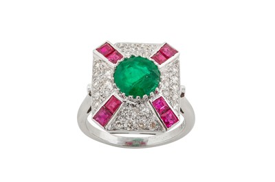 Lot 75 - An emerald, ruby and diamond dress ring The...